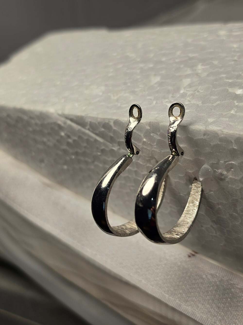 Trifari Vintage Silver Tone Teardrop Hoop Pierced Earrings